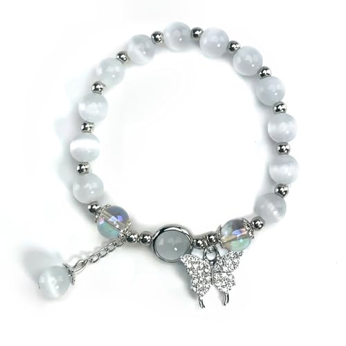 BENIFILE Pulseras de piedra de luna, elástica, estrella, mariposa, corazón, flor, campana, pulsera para mujer, pulseras de cuentas de cristal esmaltado de ópalo, regalos de joyería de cumpleaños,