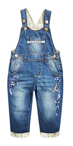 Kidscool Space Baby&Little Girls Flower Embroidered Washed Cotton Denim Overalls,Blue,5-6 Years