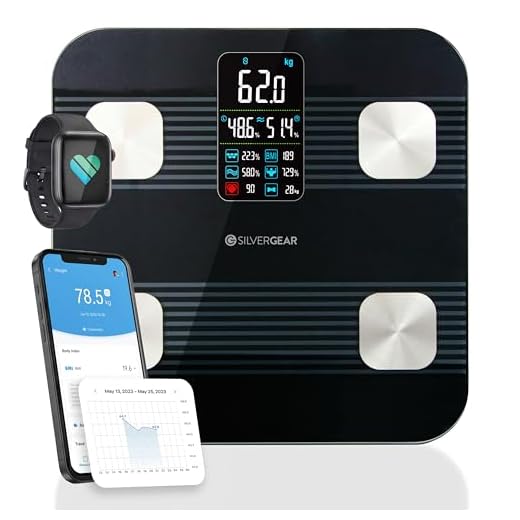 Silvergear® Weegschaal met Lichaamsanalyse | Slimme Bluetooth Personenweegschaal Lichaamsvet Analyse met App | 17 Meetfuncties voor Lichaamsvet, Spiermassa, BMI, BMR en Hartslag | Zwart