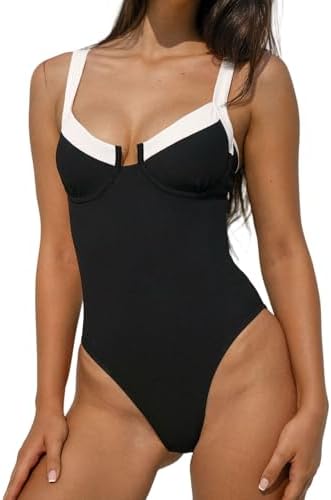 BERLOOK Women's Contrast Trim Knotted Slimming One-Piece Swimsuit Sexy Retro Bathing Suits