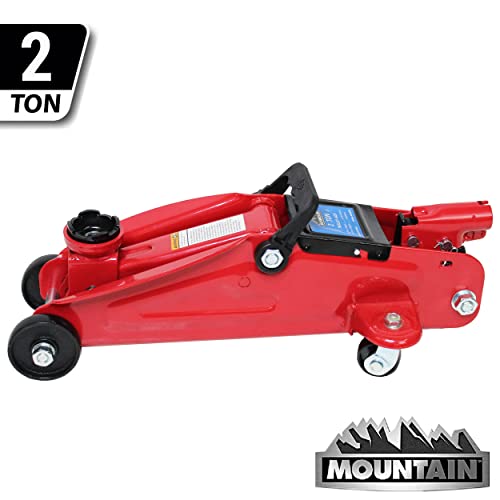 Mountain 22007 2 Ton Automotive Trolley Floor Jack For Garages, Repair Shops And Diy, Portable, Compact, 4,000 Lbs. Capacity, Hydraulic Lifting Range 5" - 13", Heavy Duty Steel, Safety Valve, Red #TOP1