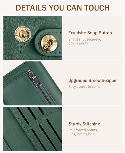 Image of Immaturus Womens Wallet RFID Blocking Slim Thin Credit Card Holder Green | Long Bifold, 11 Card Slots, Cash Purse, Zipper Coin Pocket, Travel Clutch Billfold, PU Leather, ID Window, Ladies Woman Gift