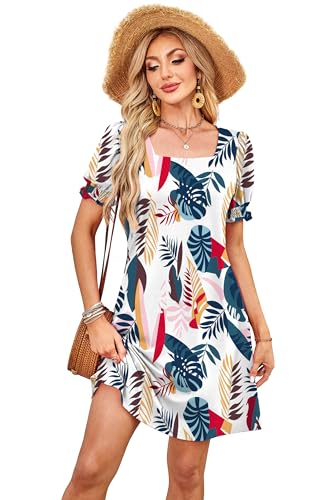 Image of RUMIA Summer Dresses for Women 2025 Casual Cute Square Neck Puff Short Sleeve Dress with Pockets