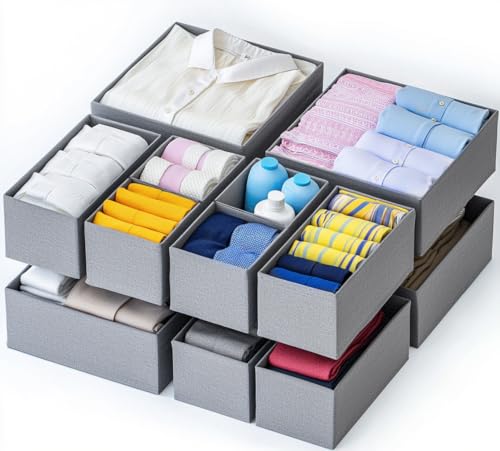 KIKJOK Drawer Organizer Clothes, 12 Pack Fabric Dresser Organizer for Baby Clothes, Underwear, Sock, Diapers- Foldable Closet Organization and Storage Dividers Bins for Nursery, Bedroom (Grey)