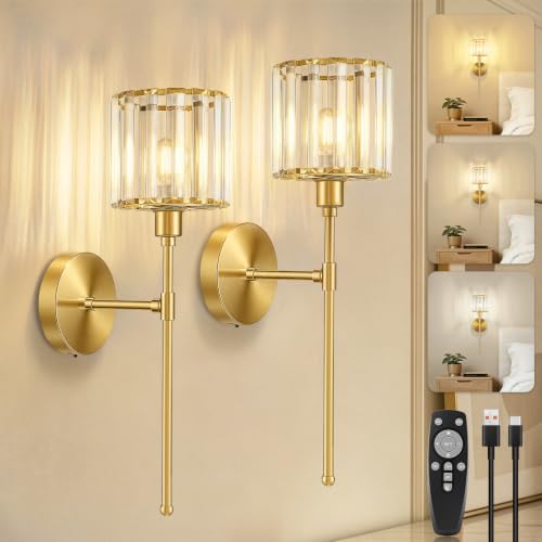 Kimjo LED Wandleuchte Innen Akku Vintage Gold Kristall Wandlampe Innen Dimmbar Kabellose Wandleuchte Ohne Stromanschluss USB-C Aufladbare Wandleuchte für Wohnzimmer Schlafzimmer Flur 2 Stück