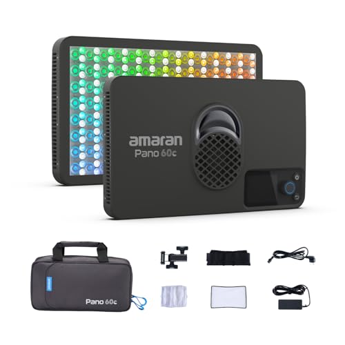 amaran Pano 60c Kit 60W RGBWW Full-Color Panel Light with 22,220 Lux @ 0.5m, USB‑C PD Powered, Includes Softbox, Grid, Diffuser, Carrying Case for Photography & Video - Carbón