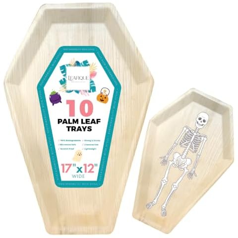 LEAFIQUE 17 x 12 Inch Coffin Shape Palm Leaf Trays (Pack of 10) – Eco-Friendly Bamboo Disposable Charcuterie Boards, Halloween Party Serving Platters, 100% Compostable and Biodegradable Cover