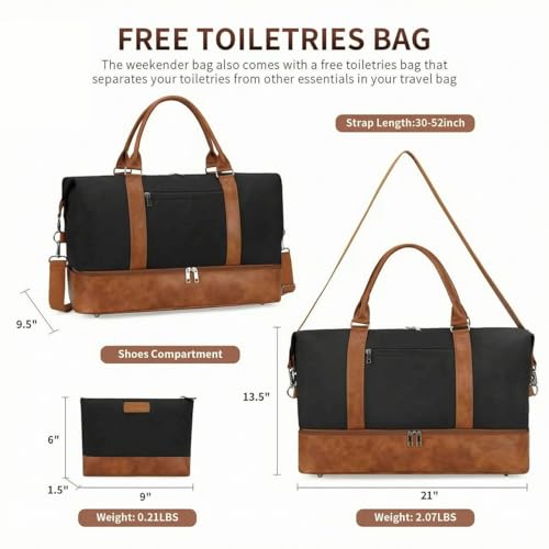 Image of Oeihuivt Weekender Bags for Women - 21 Inch Large Travel Duffel Bag with Shoe Compartment, Heavy-Duty Canvas Leather Carry On Overnight Tote, Brown-Black, 21, Weekend Trip
