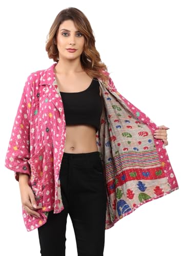 Wevez Vintage Kantha Cotton Jacket for Women – Pack of 3 – 3/4 Sleeve Printed Boho Jackets with Front Pockets – Assorted Colors