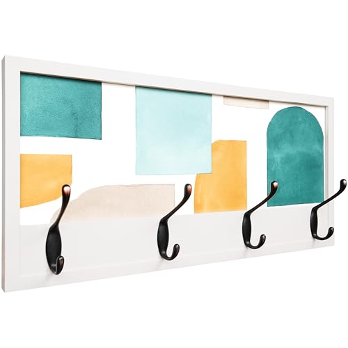 Perchero de Pared de Madera | 52×25 cm | Hecho en España | 4 Ganchos Dobles (8 Colgadores) para Ropa y Abrigos | Diseño Decorativo Funcional | Colgador Entrada, Salón, Oficina (Contemporáneo Blanco)