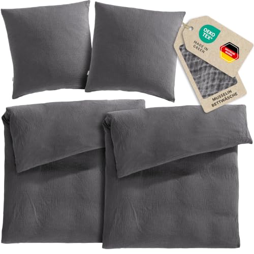 Pure Label Musselin Bettwäsche 4tlg 2x135x200+2x80x80 - Anthrazit – Ansicht 1