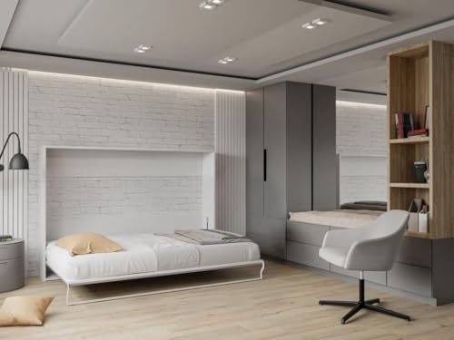 Vente-unique-Cama abatible 140 x 200 cm - Apertura Horizontal Manual - Blanco y Gris + colchón - Malina II
