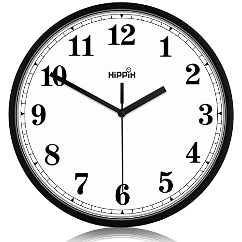 HIPPIH Silent Wall Clock, 10 Inch Modern Wall Clocks Battery Operated, Non Ticking Quality Quartz Round Black Clock Easy to Read, for Living Room, Kitchen, Bedroom, Classroom, Outdoor, Office