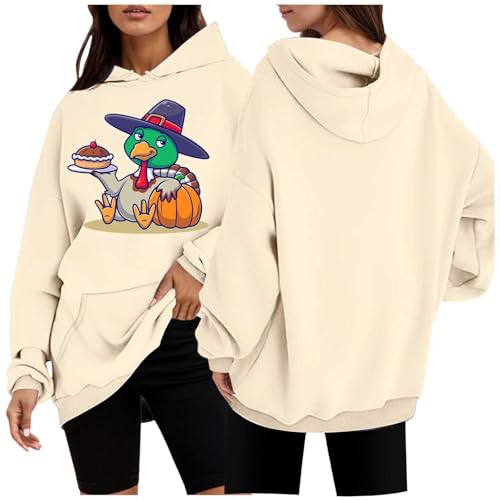 Sudadera con capucha de gran tamaño para mujer, de Acción de Gracias, de invierno, forro polar, con estampado de pavo, para el tiempo libre, de gran tamaño, Beige-4, M