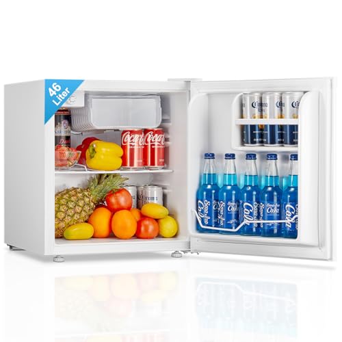 FOHERE Mini Kühlschrank 46L, Kleiner Kühlschrank mit 7-Stufige Kühlung, Energieeffizienter, Superleise, Wechselbarer Türanschlag & Verstellbare Füße, für Hotel, Büro, Kleine Wohnungen,Weiß