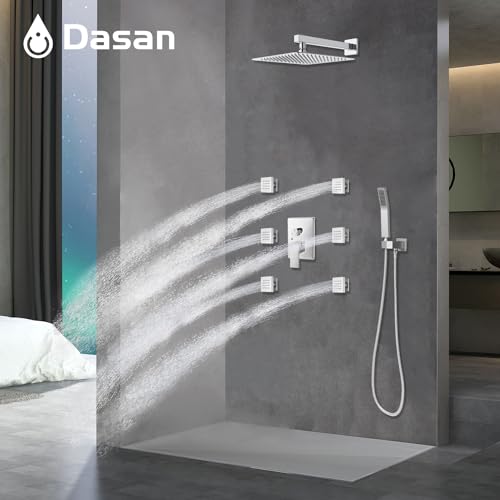 Sistema completo de ducha de pared DASAN con 6 chorros corporales, ducha lluvia de 12 pulgadas y ducha de mano, acabado cromado, modelo SA-SS03ACH-S12W miniatura 2