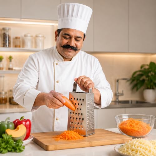 Image of Stainless Steel 4-Sided Box Grater with Handle | Multipurpose Vegetable, Cheese & Fruit Grater for Kitchen | Coarse, Fine, Slice & Shred Options