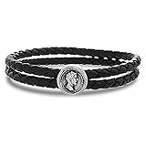 Steve Madden Stainless Steel Oxidized Marcus Aurelius Roman Coin Style Braided Black Leather Double...