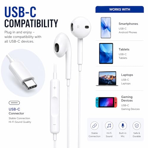 Image of Wired Earphones with Inline Microphone and Volume Control, Compatible with Type-C Devices, White