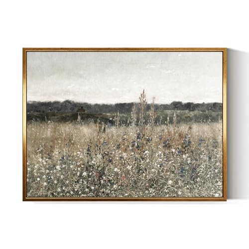 InSimSea Golden Framed Vintage Canvas Wall Art Wildflower Field 12x16In, Rustic Meadow with Flowers Vintage Floral Landscape Art Print, Modern Country Farmhouse Bedroom Bathroom Botanical Wall Decor