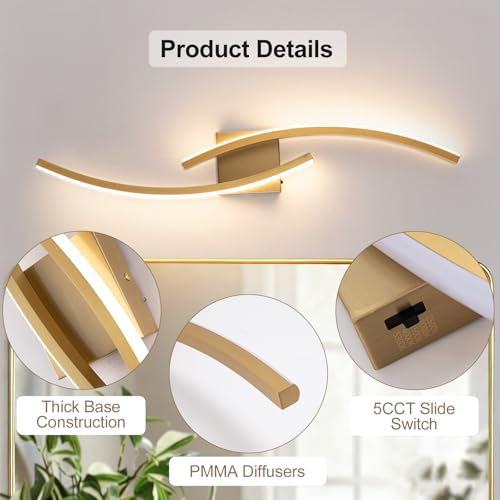 Image of Hardwired Modern LED Wall Light Fixtures, 3000~6000K Modern 5CCT Wall Sconce for Living Room, 31.5IN Indoor Wall Lights Gold Bathroom Light for Bedroom, Hallway, Bedside