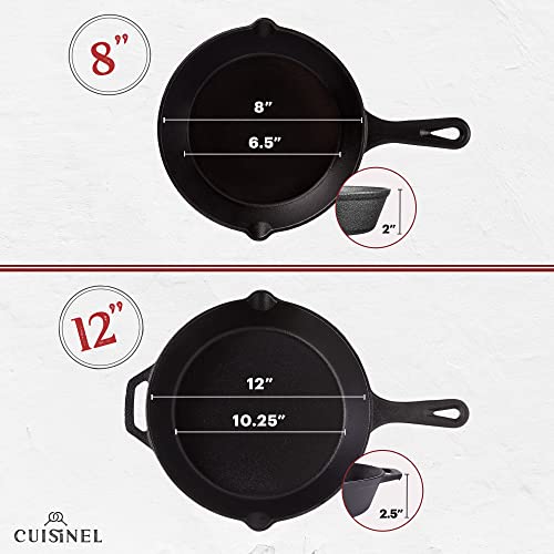 Image of Cuisinel Cast Iron Skillet Set - 8 inch + 12 inch-Inch Frying Pan + Glass Lids - Pre-Seasoned Cookware - Heat-Resistant Holders - Indoor /Outdoor Use - Camping, Grill, Stove, BBQ, Firepit, Induction, Oven Safe