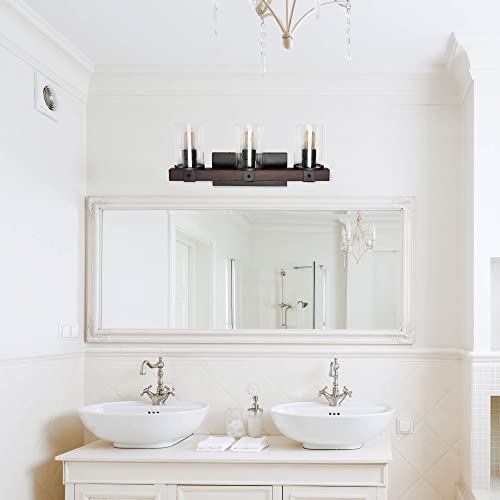 Image of Elegant Designs VT1009-BWN Industrial Rustic Lantern Restored Wood Look 3 Light Bath Vanity, Brown
