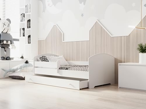 KOBI Cama para niños LUK 160x80 en un Juego con un cajón Espacioso, barandilla, colchón y Marco, para una niña y un niño, para una habitación Infantil