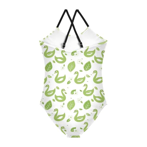 senya Girls Swimsuits One-Piece Swimwear Tie Bathing Suit Beach Summer Round Neck 5-6T Green Swans Leaves Flowers2