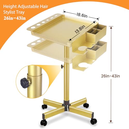 Image of Salon Senor Gold Salon Rolling Tray Hair Extension Tray Cart | Iron material,for salon use,height adjustable,movable with wheels,with storage box and hair separator clip