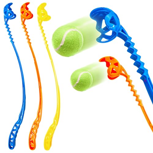 Petopedia 2 lanciatori di palline da 60 cm, resistenti e lunghi, 2 palline da tennis per cani, fluorescenti, neon, testa a zig-zag, giocattolo lanciatore, pick-up a mani libere, uso esterno, gioco di