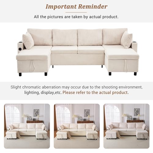 Image of ERYE 113-Inch Pull Out Sleeper Couch Bed with Cupholders, U Shaped Sleeper Sectional Sofa Convertible Sofa Bed for Living Room