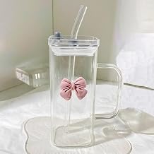 400ML Glass Cups with Lids and Glass Straws,Iced Coffee Tumbler Cups,Clear Cute Bowknot Glass Cup,Lovely Pink Delicate Glass Milk Mug Smoothie Juice Bubble Tea Cup for Women Girls Pink D
