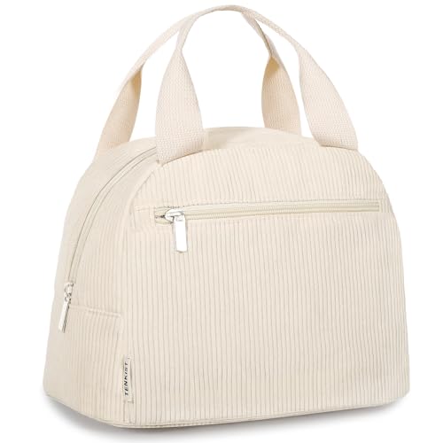 Cute Lunch Box Tote Bag - Corduroy Insulated Cooler Bags for Women - Lightweight Reusable Portable Soft Lunch Pail Kit for Kids Teen Girl Adults Work School Picnic Travel White 8L