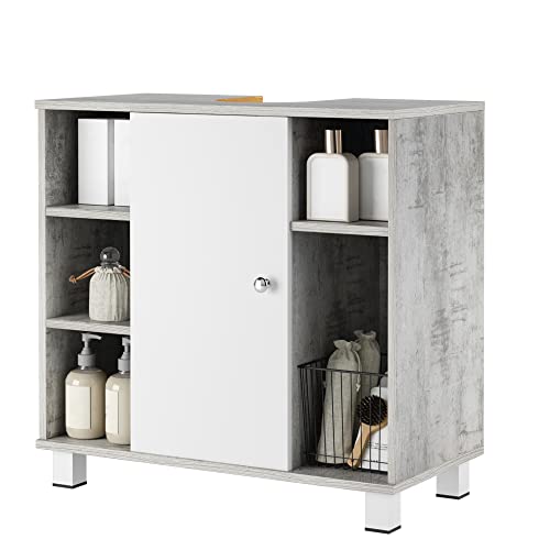 FirFurd Meuble sous Lavabo Meuble de Salle de Bain Placard sous-Vasque Armoire de Rangement avec Porte et 5 Étagères Ouvertes sur Pied Gris