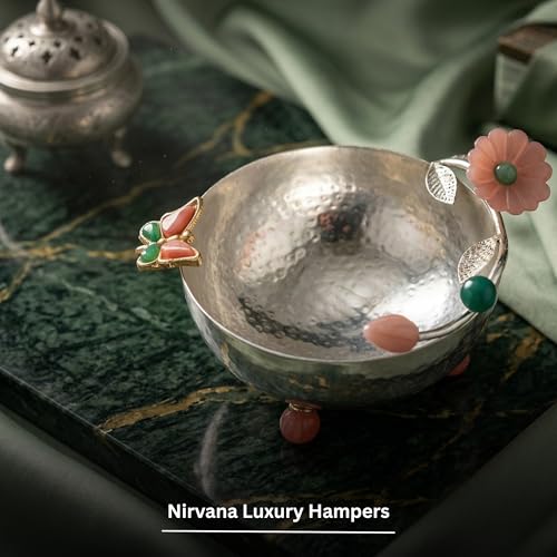 Image of Premium Silver-Plated Hammered Decorative Bowl | Stone Floral & Butterfly Design | Luxury Home Decor & Dry Fruit Serving Centerpiece | 15x12x8 cm | Net Qty: 1
