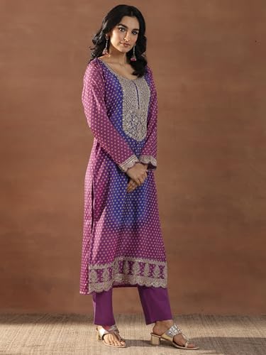 Image of Libas Womens Printed Silk Blend Straight Kurta With Trousers and Dupatta