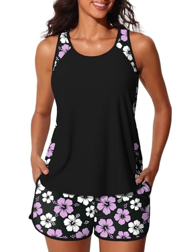Image of Summer Mae Blouson Tankini Swimsuits for Women 2025 Tummy Control Two Piece Bathing Suits with Sporty Pockets Swim Shorts Purple Hibiscus Size 12