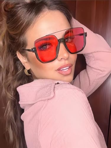 Image of GUVIVI Retro Oversized Aviator Sunglasses for Women Men Square Double Bridge Pilot Sun Glasses 70s Trendy Shades