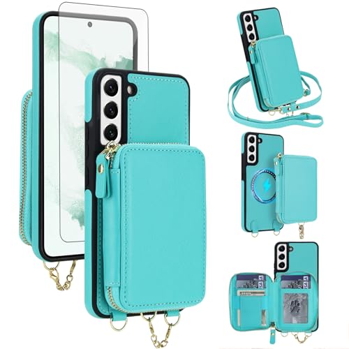 Étui portefeuille S22 Plus 5G avec fermeture éclair et sangle amovible vert