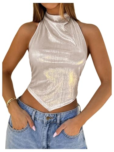 SHENHE Women's Shiny Metallic Open Back Halter Neck Draped Asymmetrical Sexy Party Crop Top