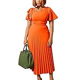 AOMEI Women's Orange Short Sleeve Asymmetrical Ruffles High Waist Pleated Hem Midi Spring Dress (3XL,3X-Large)