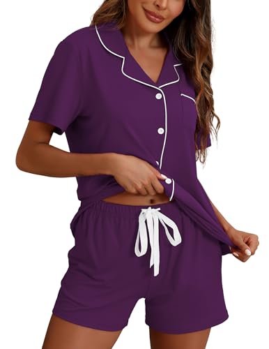 Image of ZMJ Pajamas for Women Set 2 Piece Pj Short Sets Bride Sleepwear Button Up Rose Purple 3XL