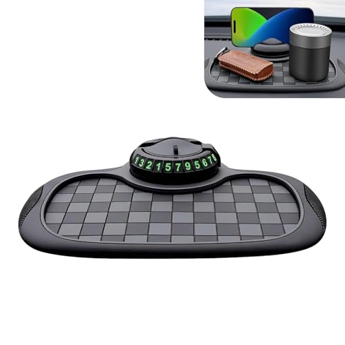 Ypoyney Multifunction Car Dashboard Mat, Anti-Slip Car Organizer Pad with Full Rotating Phone Holder, Grid Dashboard Pad with Temporary Parking Number, Fit for Phone Sunglass Key Gadget (Black #C)