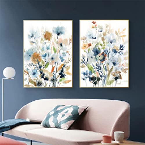 Toile aquarelle fleurs et feuilles mélangées déco salon 50x70cm