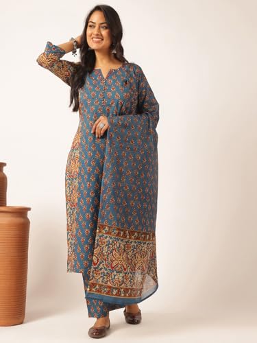 Image of Vbuyz Women's Printed & Embellished & Mirror Work Straight Cotton Stitched Kurta set | Straight Kurta Pant Dupatta | Kurta Set with Dupatta for Women | Suit Set | Ethnic Set | Printed Kurta Set