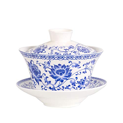 Image of Liang baobao Traditional Gaiwan Tea Set with Lid and Saucer Blue Lotus Design Tea Cup Flower Porcelain Teacups 10oz