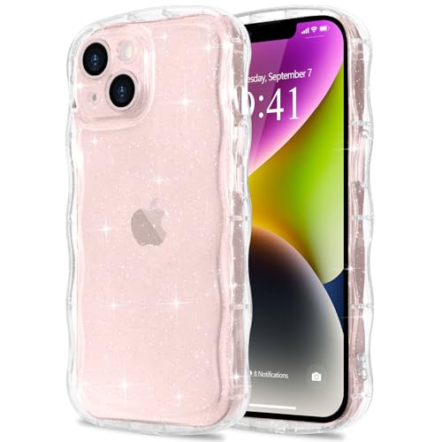 Pepmune for iPhone 14/13 Case Clear, Cute Sparkly Bling Glitter Curly Wave Frame Transparent Cover for Women Girls Men Shiny TPU Bumper Drop Protection Shockproof Phone Case for iPhone 13/14, Clear