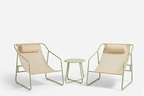 3-Piece Outdoor Bistro Set, Sage Green Metal Frame, Beige Sling Fabric, with Headrest Pillows and Round Side Table