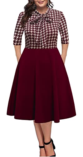 BEDOAR Damen Plus Size Kleid Vintage Fliege Hals Casual Business Arbeit Knielang A-Linie Kleider mit Taschen, Rotes Karomuster, 50 Mehr
